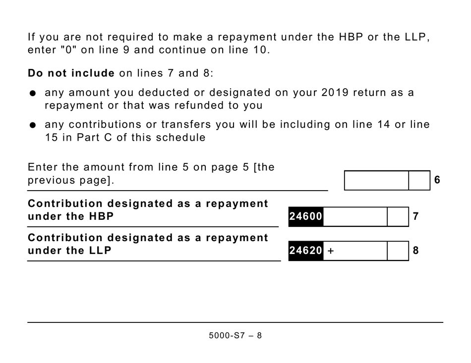 Form 5000-S7 Schedule 7 Rrsp, Prpp, and Spp Unused Contributions, Transfers, and Hbp or LLP Activities - Large Print - Canada, Page 8