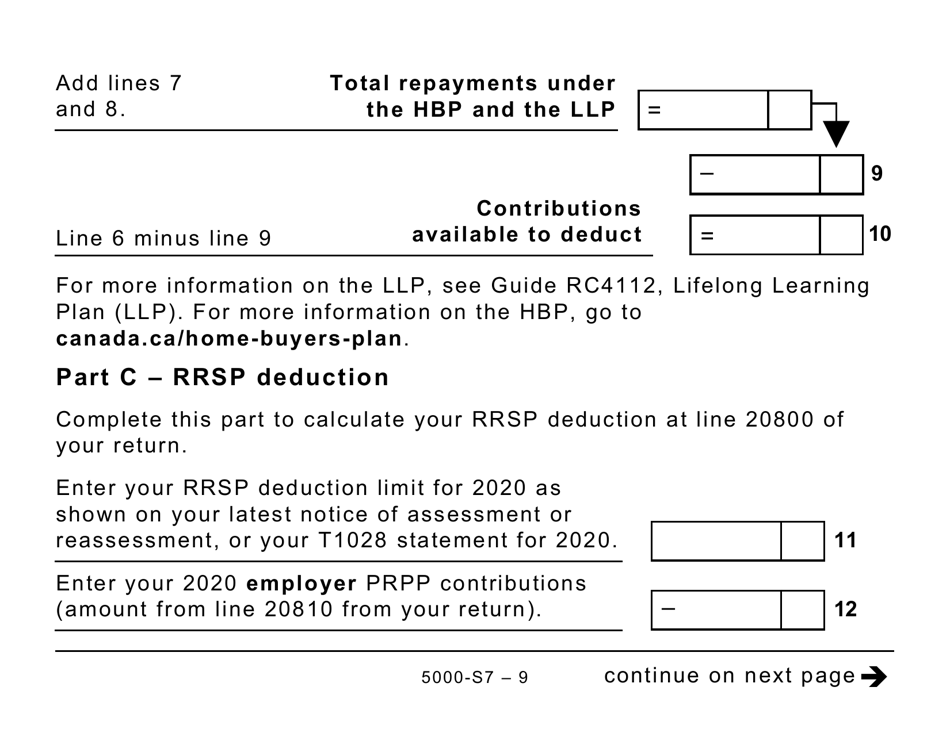 Form 5000-S7 Schedule 7 Rrsp, Prpp, and Spp Unused Contributions, Transfers, and Hbp or LLP Activities - Large Print - Canada, Page 9
