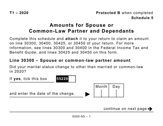 Document preview: Form 5000-S5 Schedule 5 Amounts for Spouse or Common-Law Partner and Dependants - Large Print - Canada, 2020