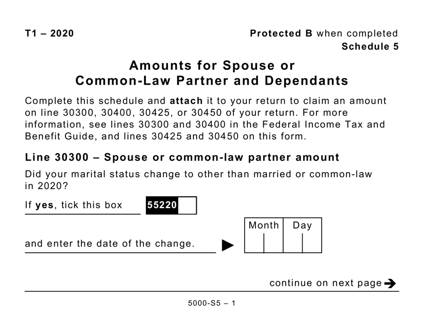 Form 5000-S5 Schedule 5 Amounts for Spouse or Common-Law Partner and Dependants - Large Print - Canada, 2020