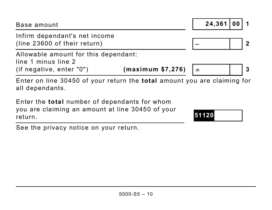 Form 5000-S5 Schedule 5 Amounts for Spouse or Common-Law Partner and Dependants - Large Print - Canada, Page 10