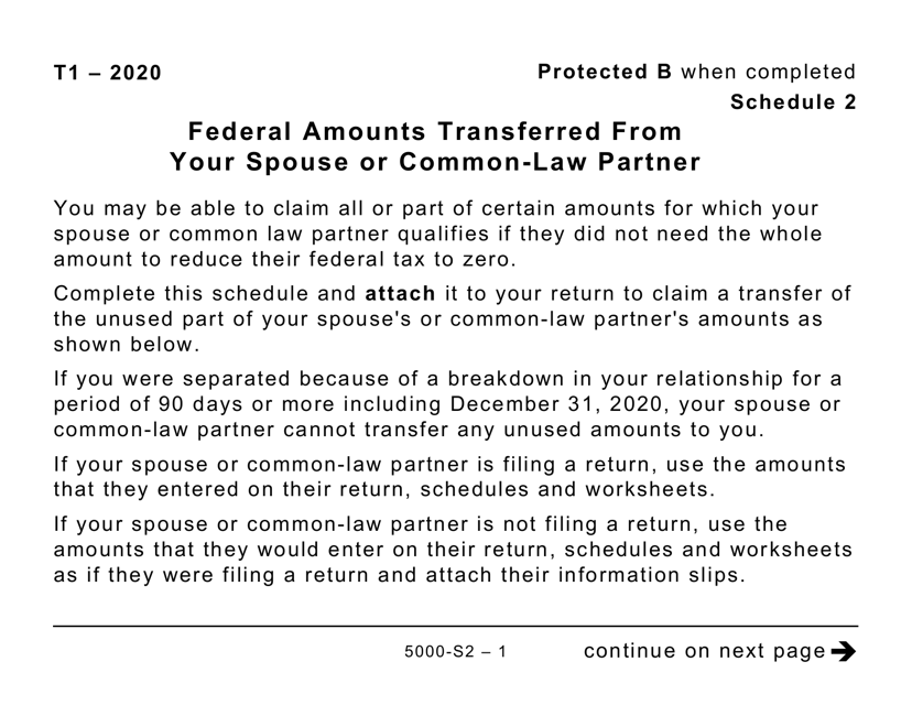Form 5000-S2 Schedule 2 Federal Amounts Transferred From Your Spouse or Common-Law Partner - Large Print - Canada, 2020