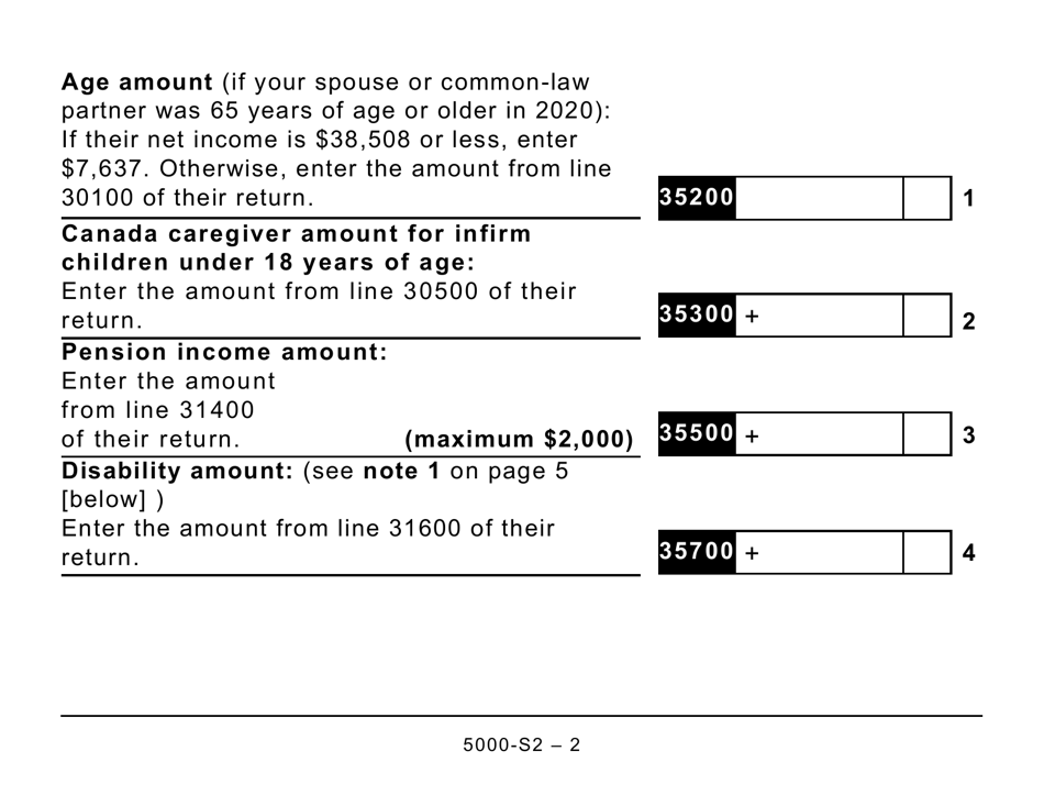 Form 5000-S2 Schedule 2 Federal Amounts Transferred From Your Spouse or Common-Law Partner - Large Print - Canada, Page 2