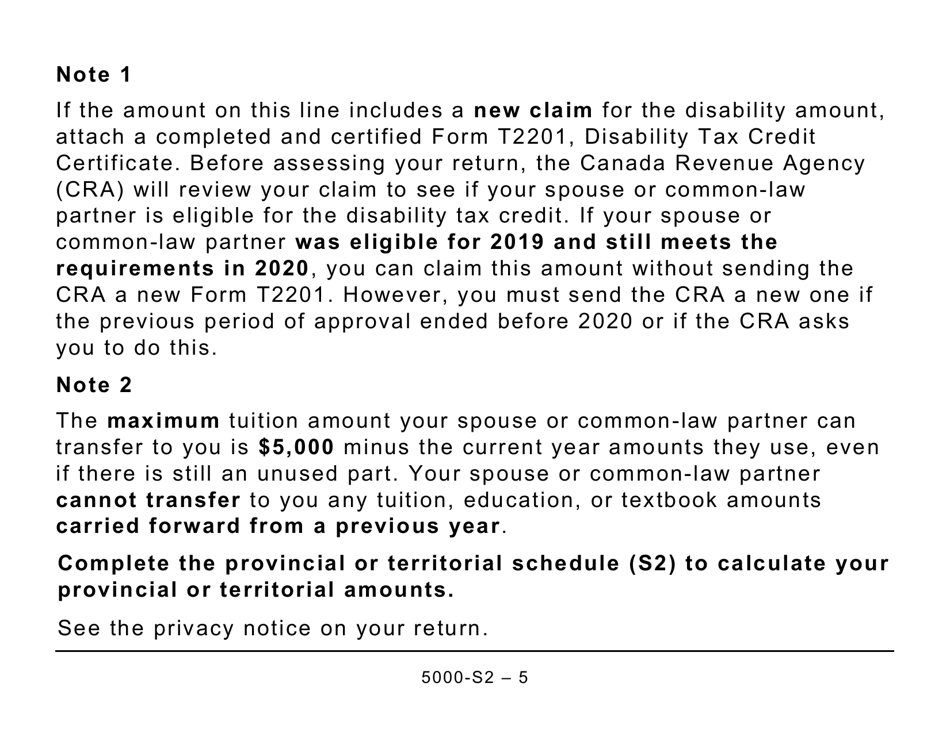 Form 5000-S2 Schedule 2 Federal Amounts Transferred From Your Spouse or Common-Law Partner - Large Print - Canada, Page 5