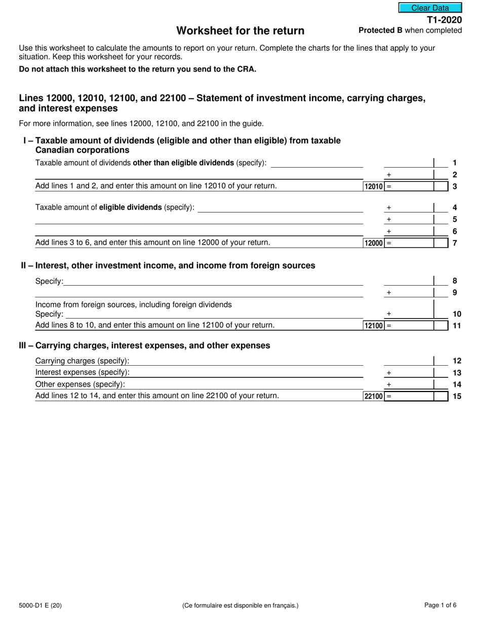 Form 5000-D1 Worksheet for the Return - Canada, Page 1