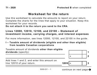 Document preview: Form 5000-D1 Worksheet for the Return - Large Print - Canada, 2020