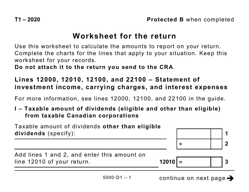 Form 5000-D1 Worksheet for the Return - Large Print - Canada, 2020
