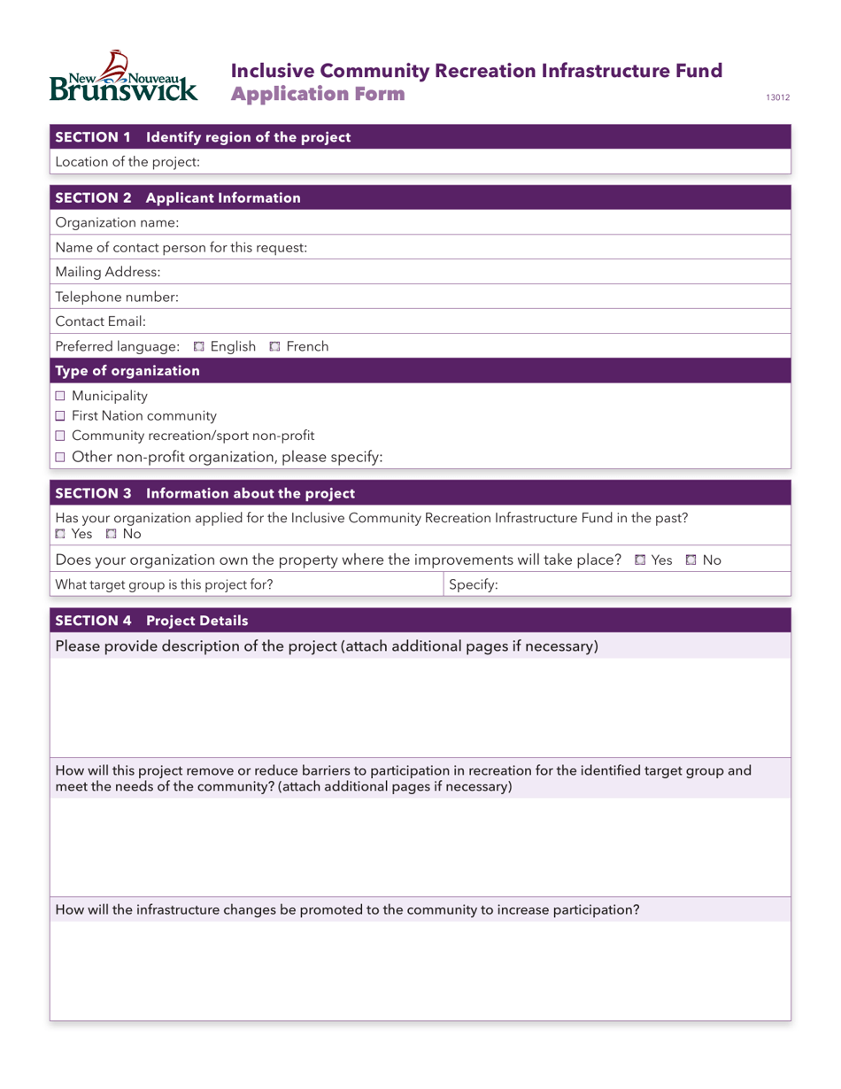 Inclusive Community Recreation Infrastructure Fund Application Form - New Brunswick, Canada, Page 1