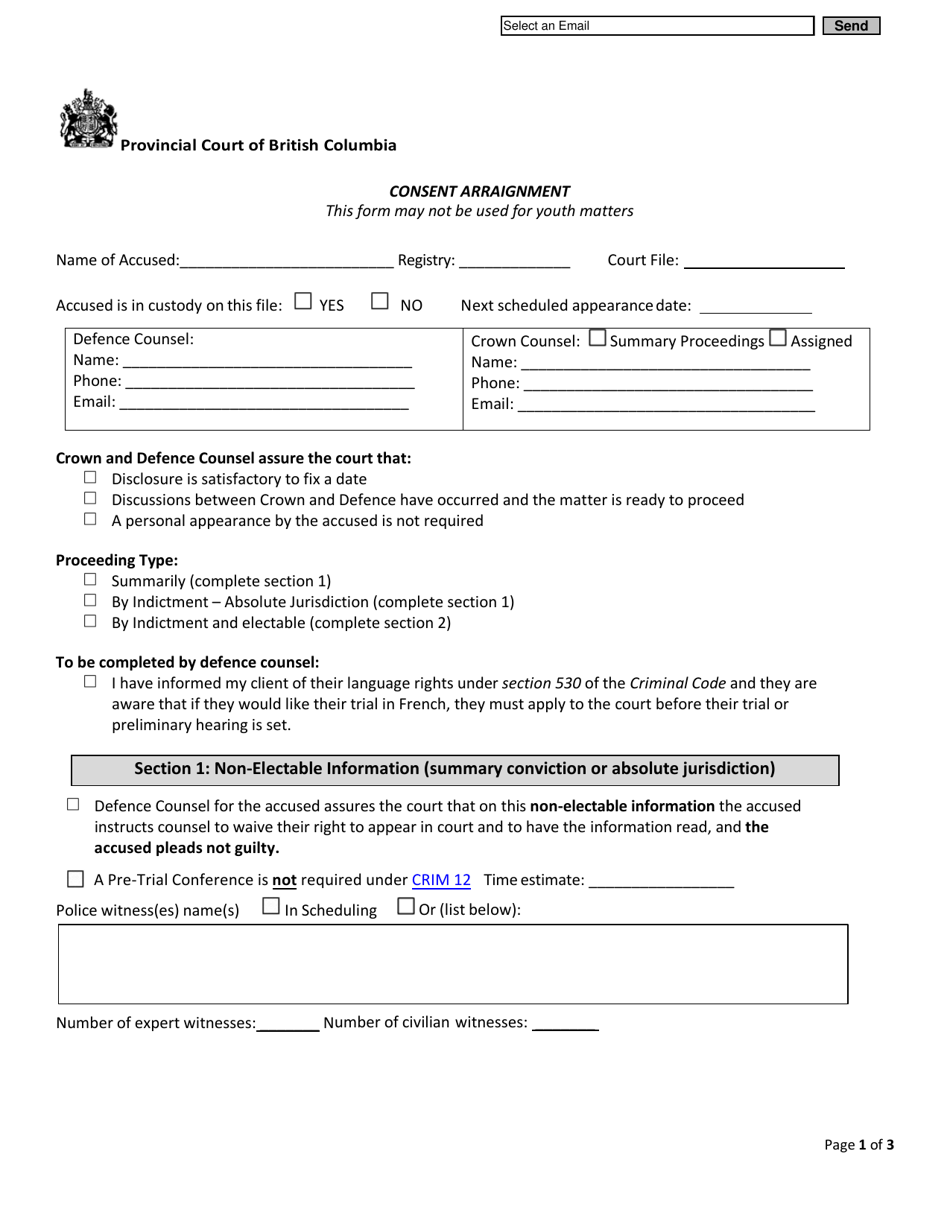 Form 4 (CPD-1) Consent Arraignment - British Columbia, Canada, Page 1