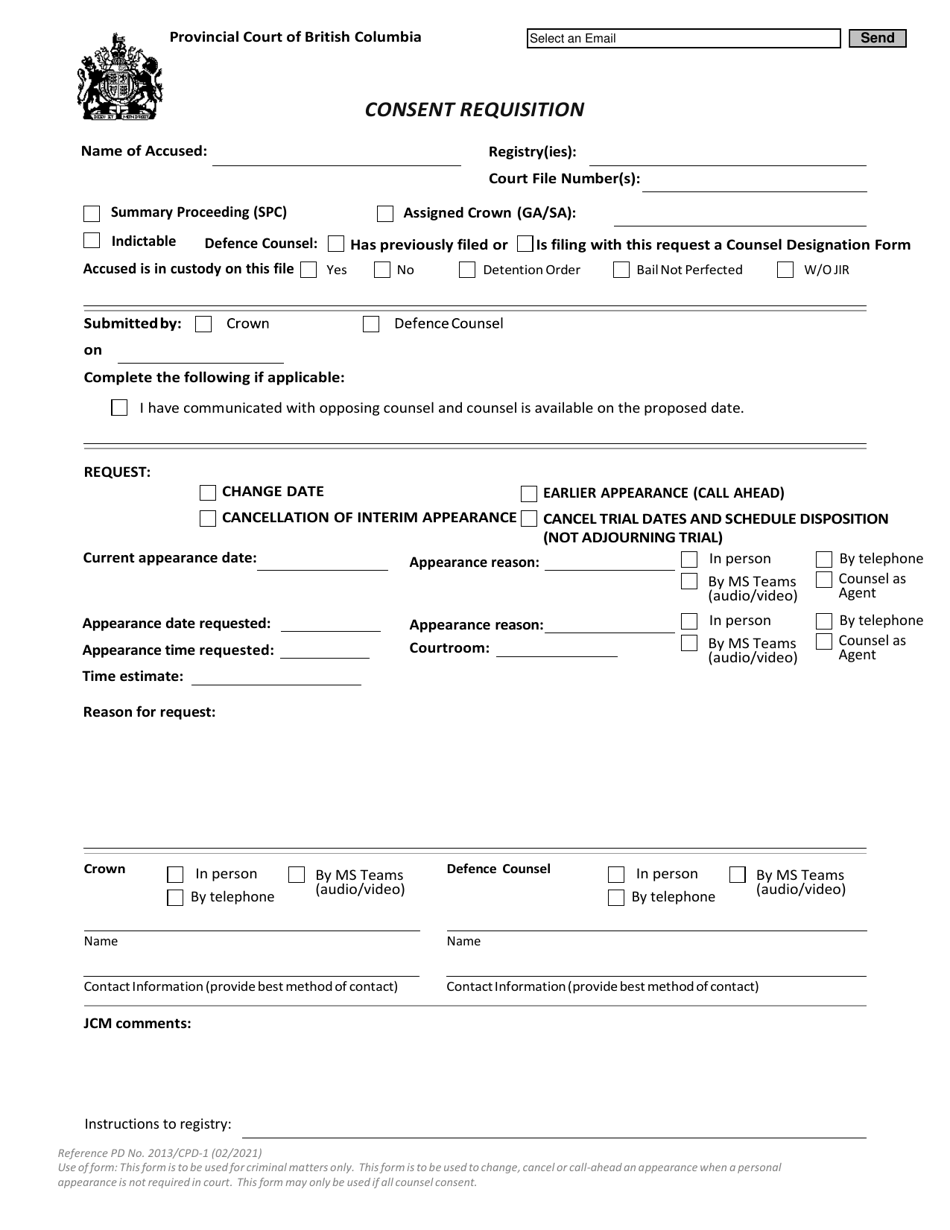 Form 1 (CPD-1) Consent Requisition - British Columbia, Canada, Page 1