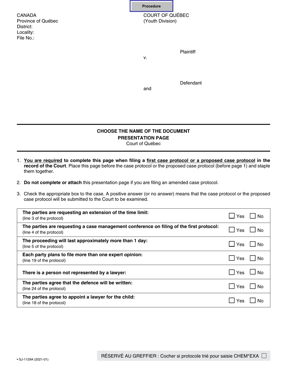 Form SJ-1129A Case Protocol (Youth Division) - Quebec, Canada, Page 1
