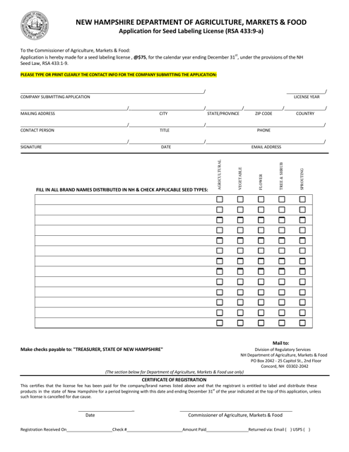Application for Seed Labeling License - New Hampshire Download Pdf