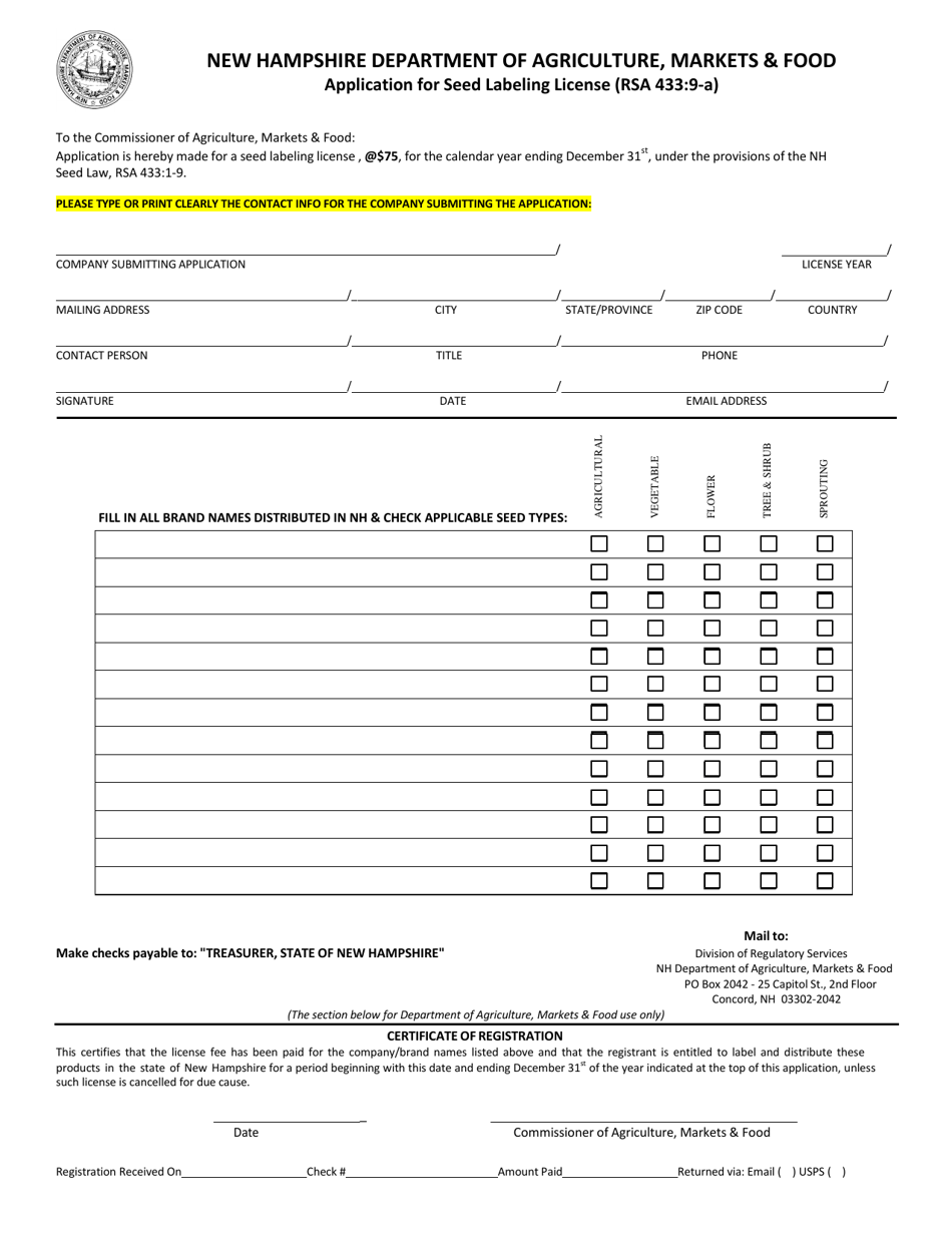 Application for Seed Labeling License - New Hampshire, Page 1