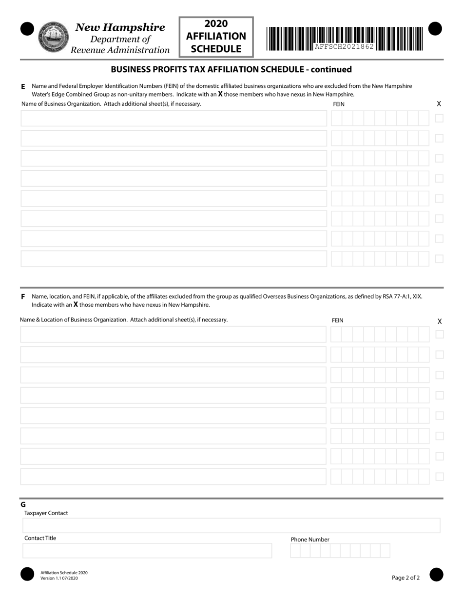 Business Profits Tax Affiliation Schedule - New Hampshire, Page 2