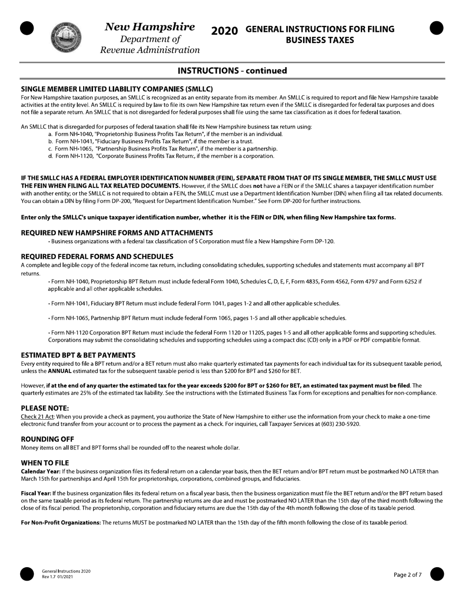 Instructions for Form BT-SUMMARY Business Tax Return Summary - New Hampshire, Page 2