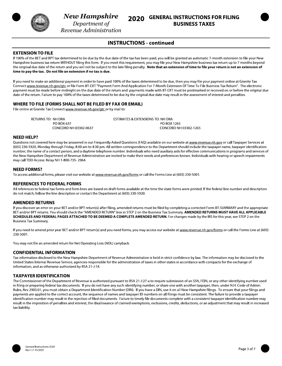 Instructions for Form BT-SUMMARY Business Tax Return Summary - New Hampshire, Page 3