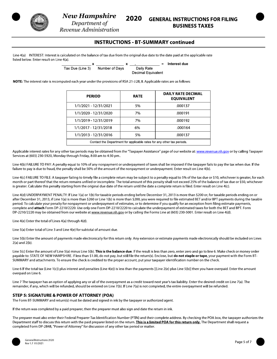 Instructions for Form BT-SUMMARY Business Tax Return Summary - New Hampshire, Page 5