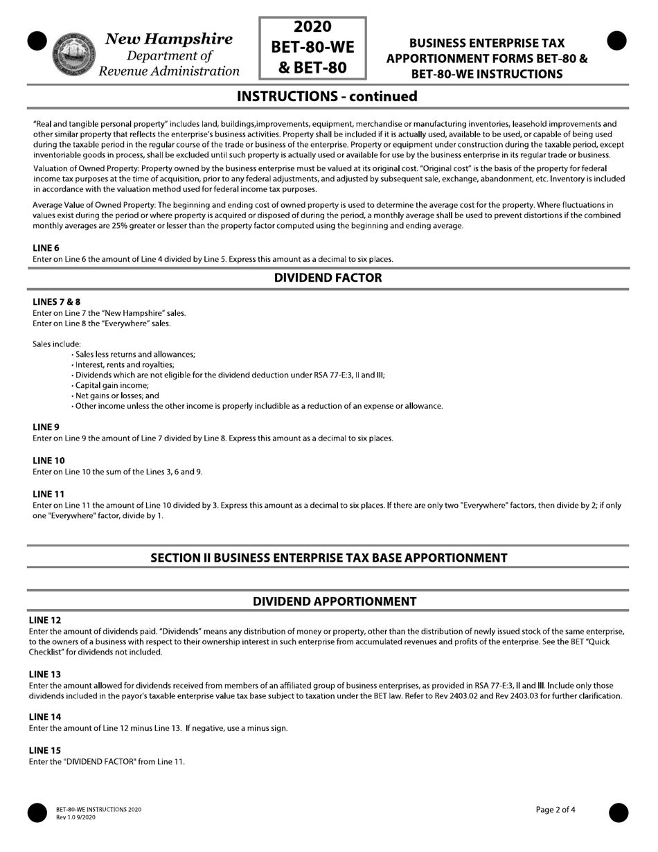 Instructions for Form BET-80, BET-80-WE - New Hampshire, Page 2