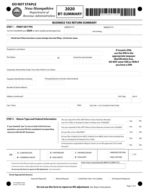 Form BT-SUMMARY 2020 Printable Pdf