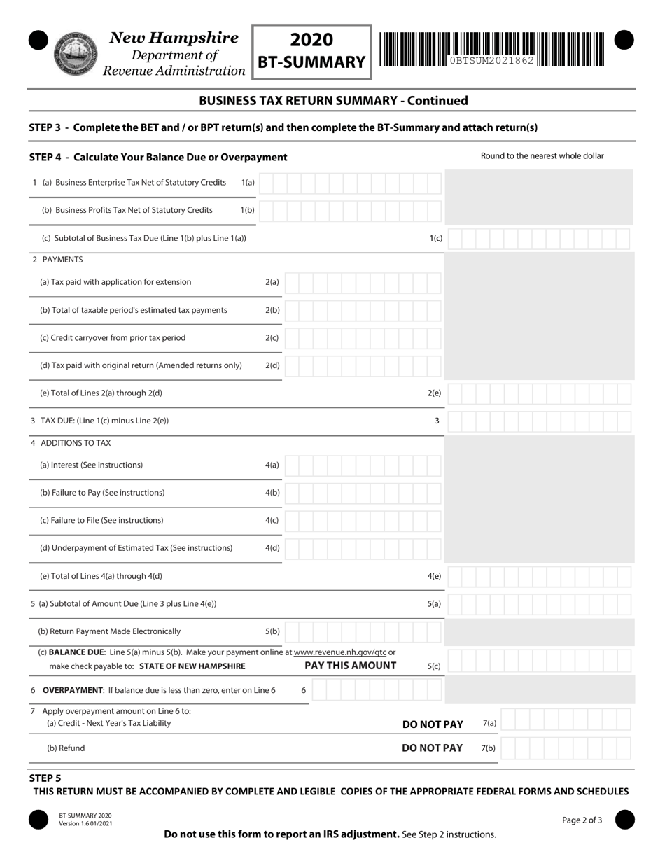Form BT-SUMMARY Business Tax Return Summary - New Hampshire, Page 2