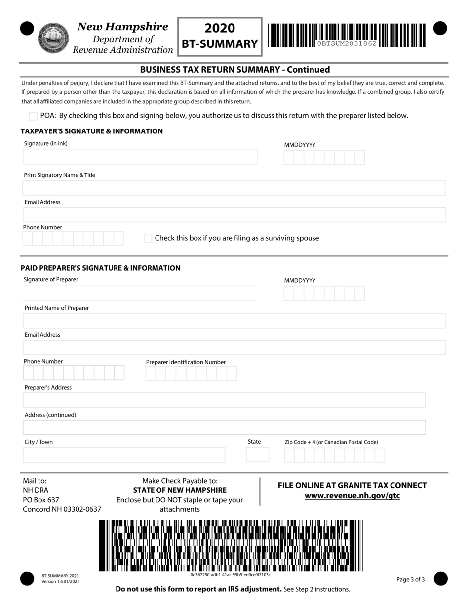 Form BT-SUMMARY Business Tax Return Summary - New Hampshire, Page 3