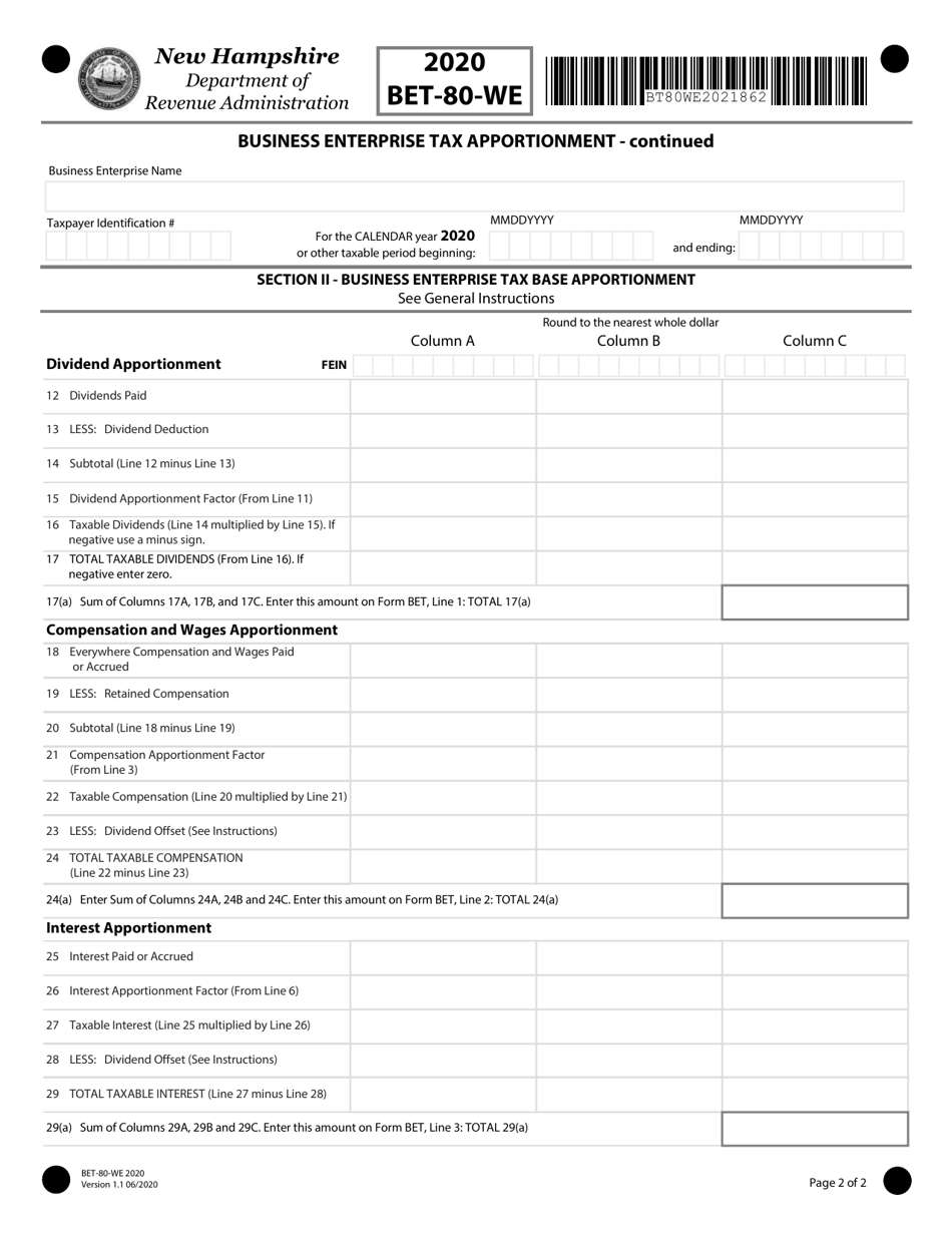 Form BET-80-WE Business Enterprise Tax Apportionment for Individual Nexus Members of a Combined Group - New Hampshire, Page 2