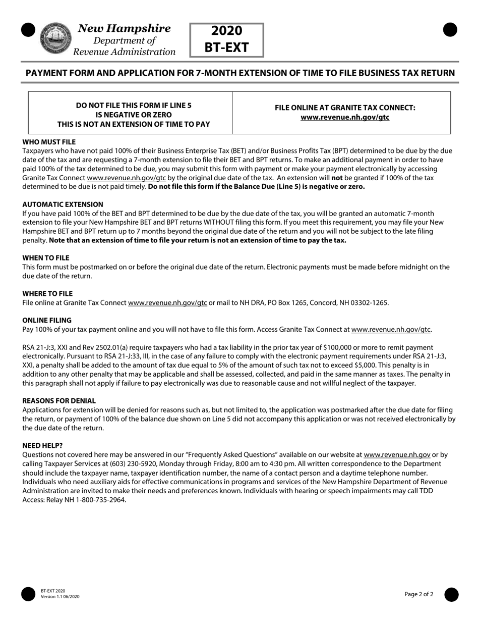 Form BT-EXT Payment Form and Application for 7-month Extension of Time to File Business Tax Return - New Hampshire, Page 2