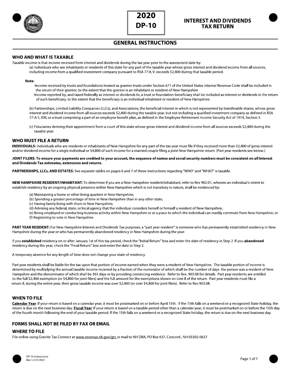 Instructions for Form DP-10 Interest and Dividends Tax Return - New Hampshire, Page 1