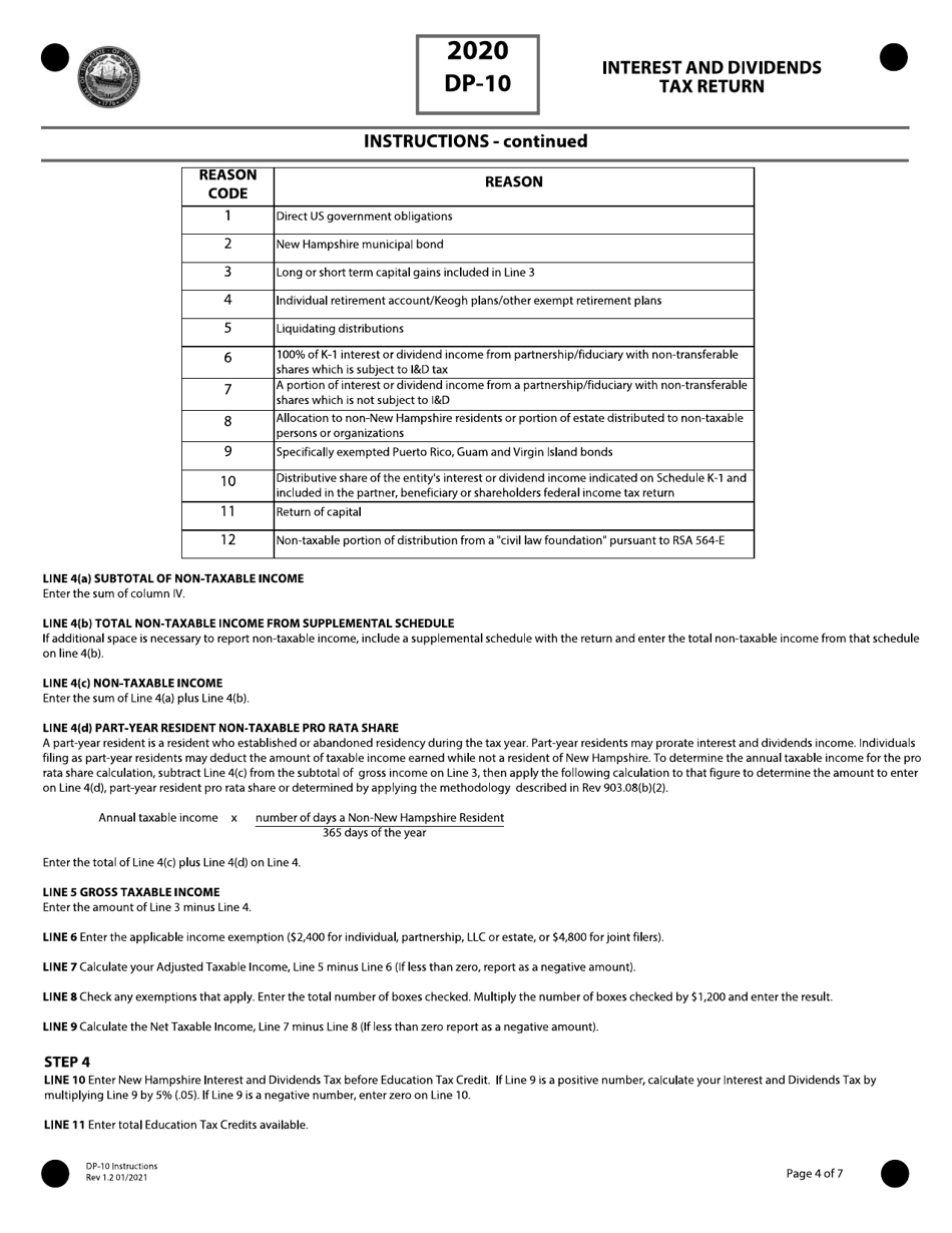 Instructions for Form DP-10 Interest and Dividends Tax Return - New Hampshire, Page 4