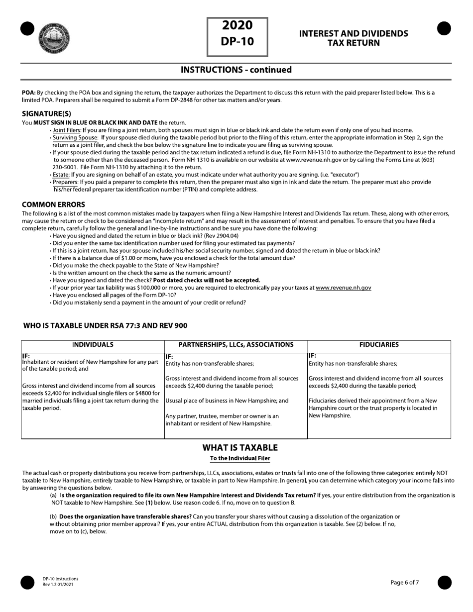 Instructions for Form DP-10 Interest and Dividends Tax Return - New Hampshire, Page 6