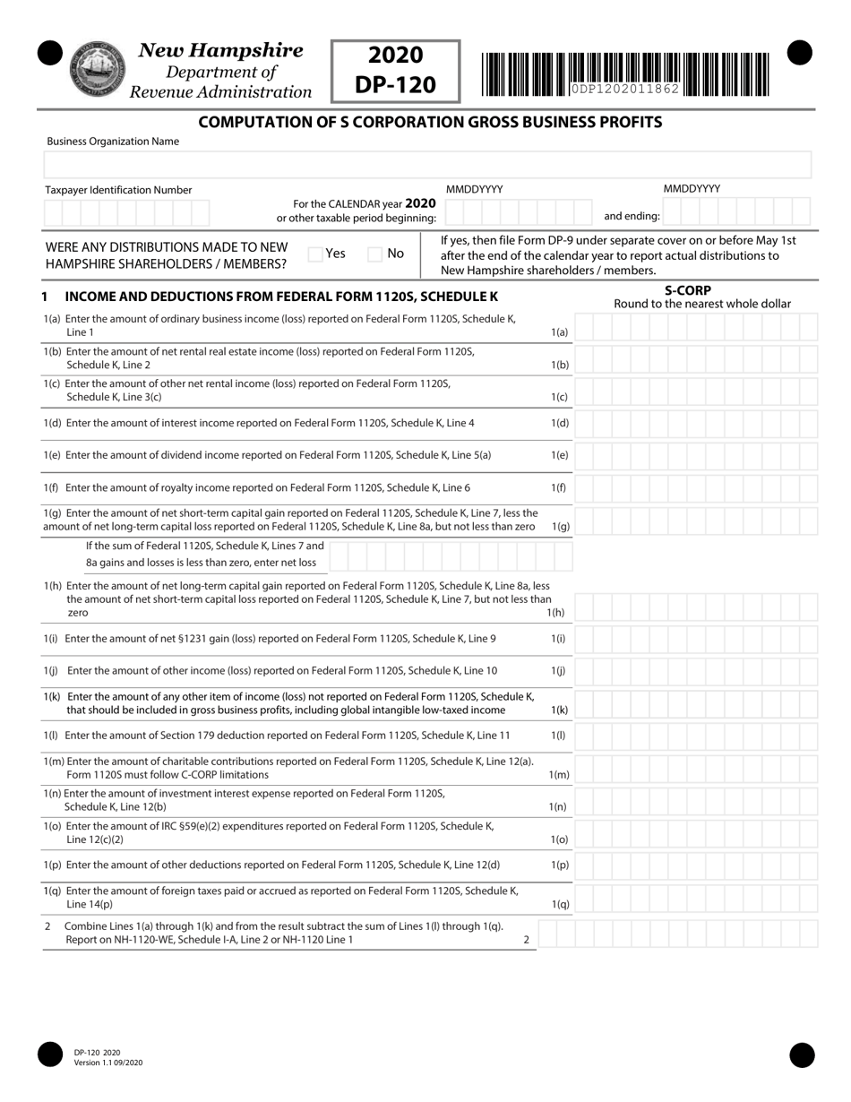 Form DP-120 Computation of S-Corporation Gross Business Profits - New Hampshire, Page 1