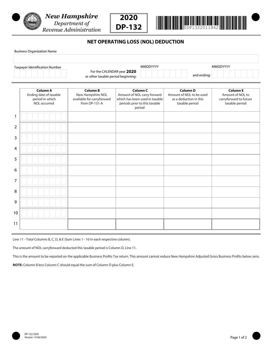 Form Dp 132 Download Fillable Pdf Or Fill Online Net Operating Loss Nol Deduction New Hampshire Templateroller