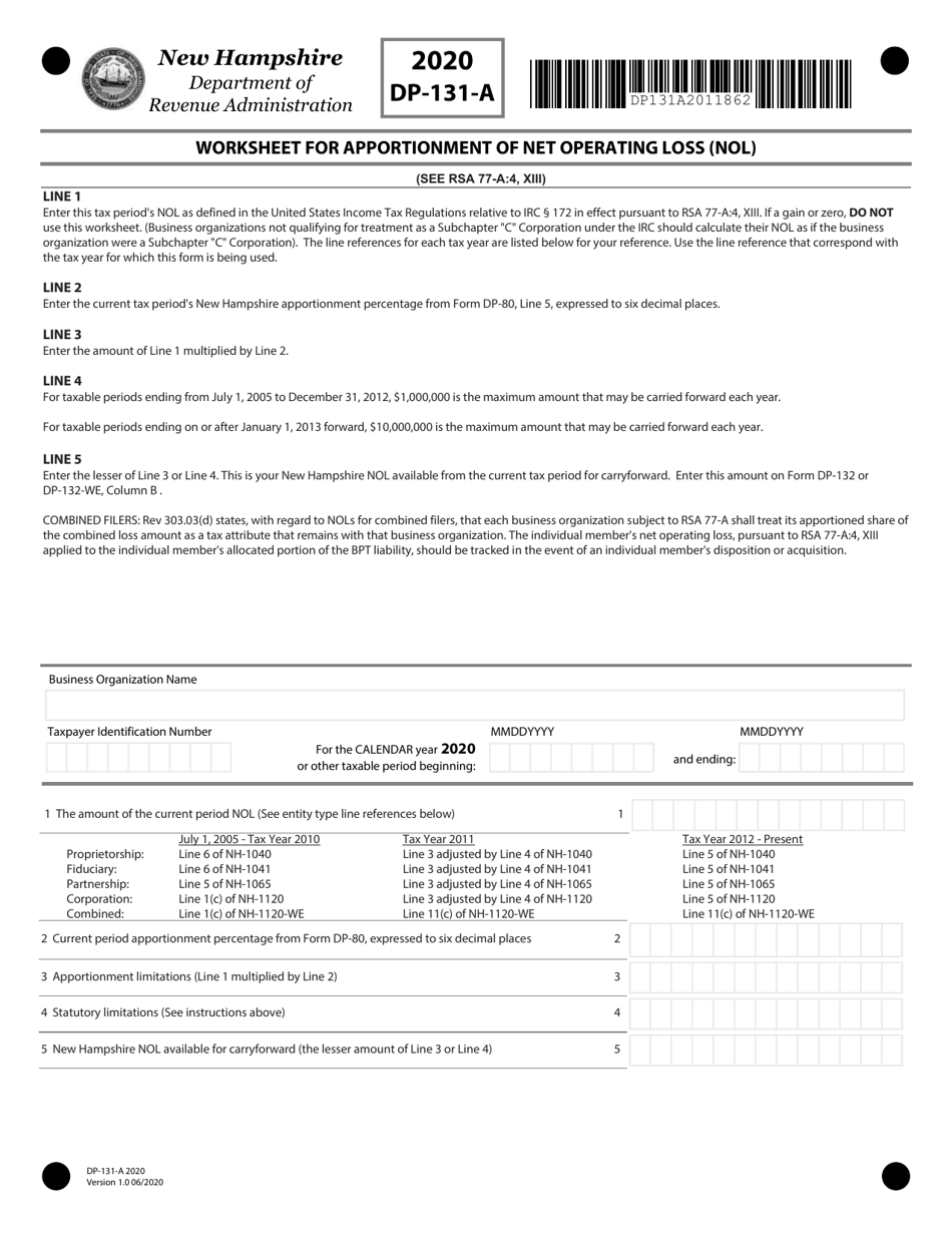 Form DP-131-A Worksheet for Apportionment of Net Operating Loss (Nol) - New Hampshire, Page 1