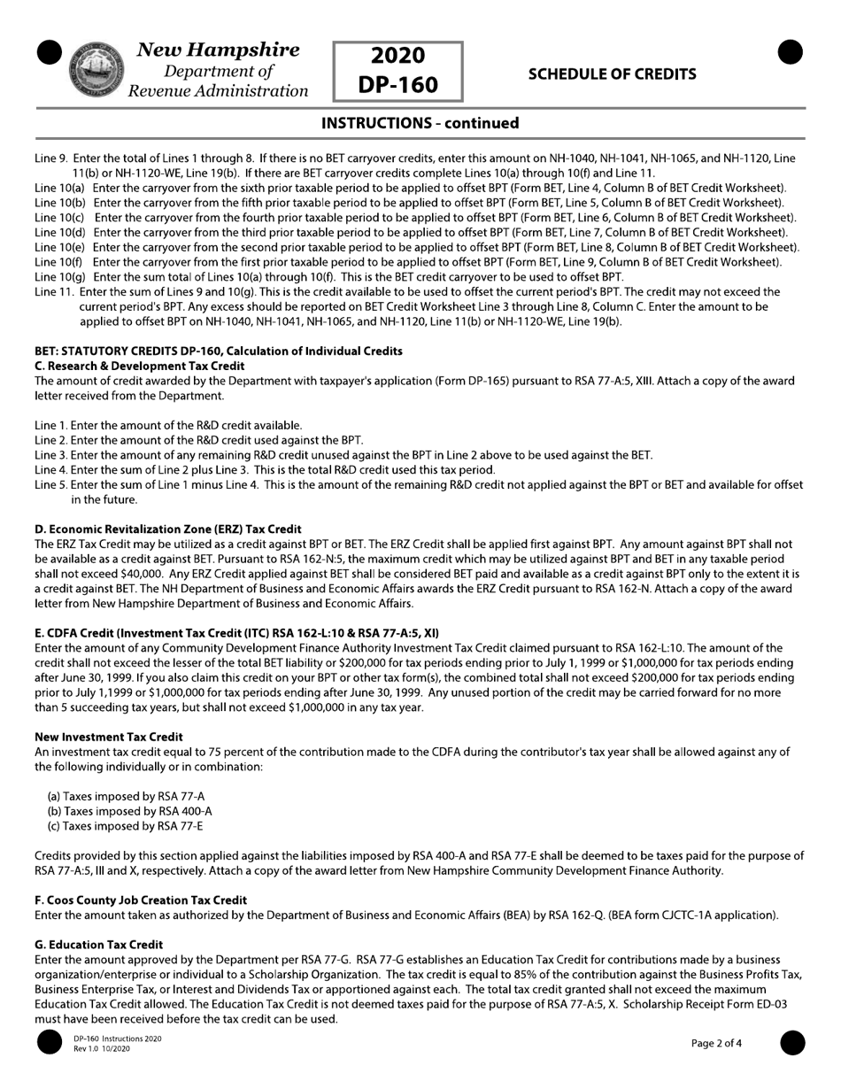 Instructions for Form DP-160 Schedule for Business Enterprise and Business Profits Tax Credits - New Hampshire, Page 2