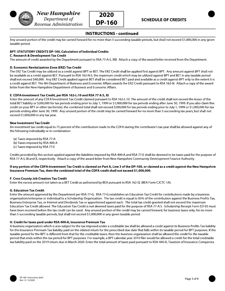 Instructions for Form DP-160 Schedule for Business Enterprise and Business Profits Tax Credits - New Hampshire, Page 3