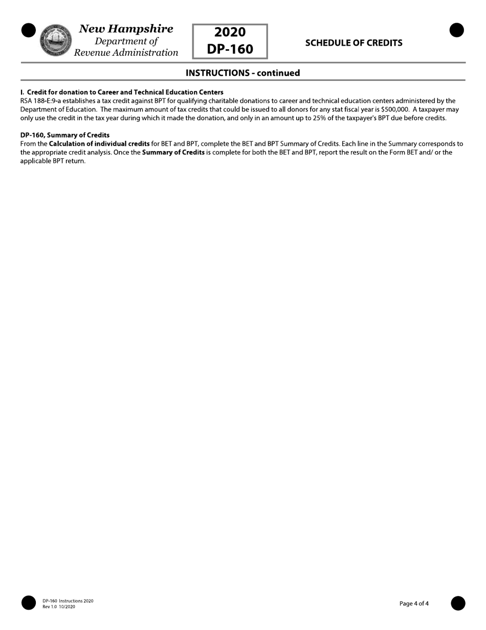 Instructions for Form DP-160 Schedule for Business Enterprise and Business Profits Tax Credits - New Hampshire, Page 4