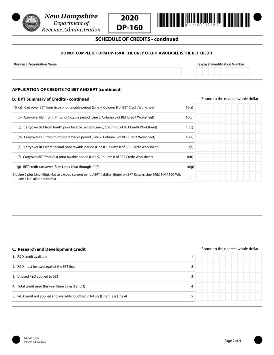 Form DP-160 Schedule for Business Enterprise and Business Profits Tax Credits - New Hampshire, Page 2