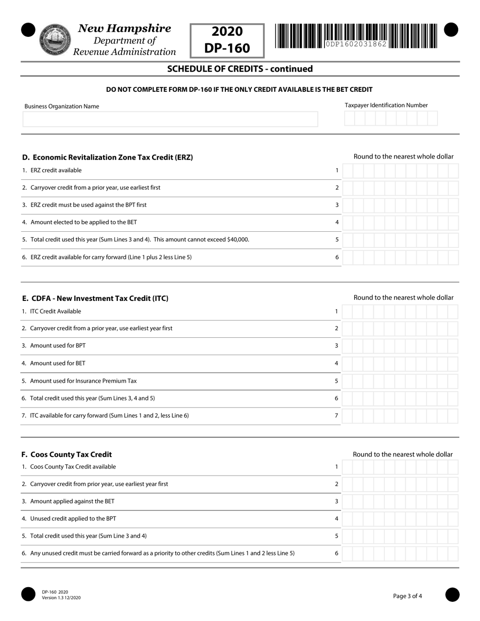 Form DP-160 Schedule for Business Enterprise and Business Profits Tax Credits - New Hampshire, Page 3
