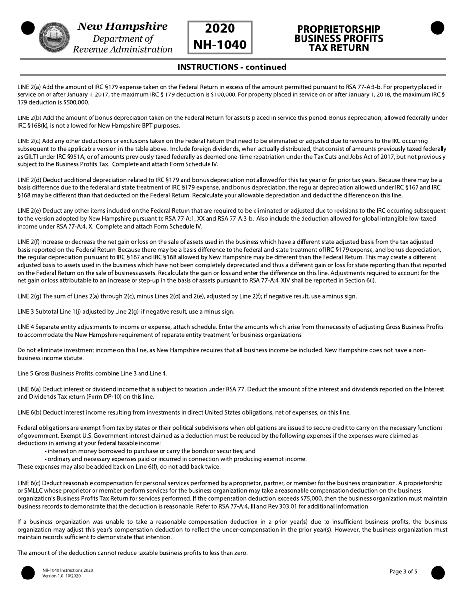 Instructions for Form NH-1040 Business Profits Tax Return - New Hampshire, Page 3
