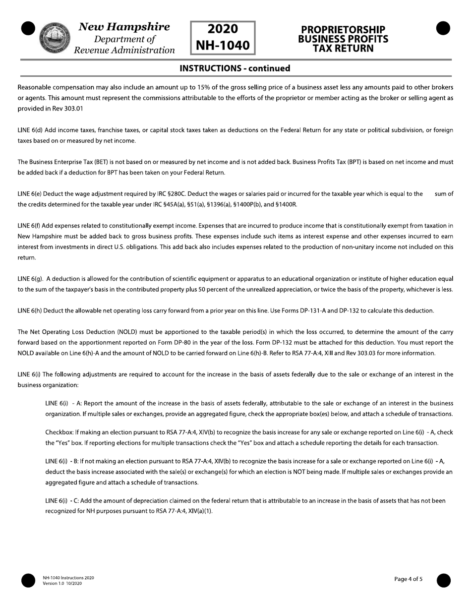 Instructions for Form NH-1040 Business Profits Tax Return - New Hampshire, Page 4