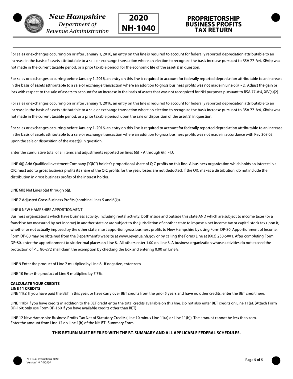 Instructions for Form NH-1040 Business Profits Tax Return - New Hampshire, Page 5