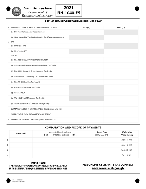 Form NH-1040-ES 2021 Printable Pdf