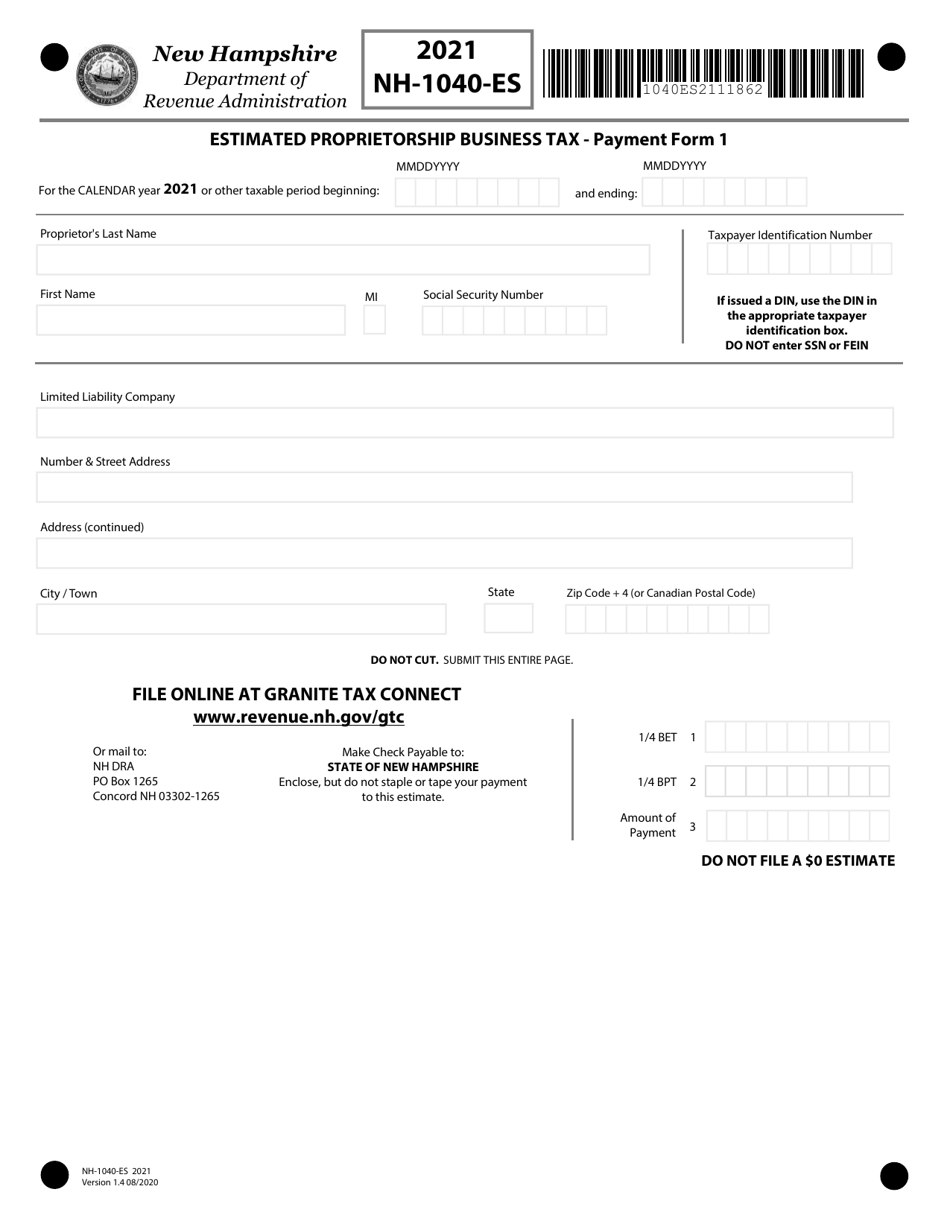 Form NH-1040-ES Proprietorship or Jointly Owned Property Business Profits Tax Estimates - New Hampshire, Page 2