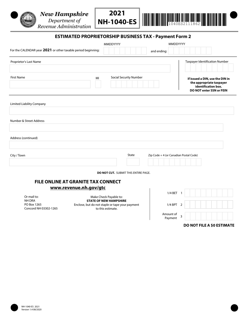 Form NH-1040-ES Proprietorship or Jointly Owned Property Business Profits Tax Estimates - New Hampshire, Page 3
