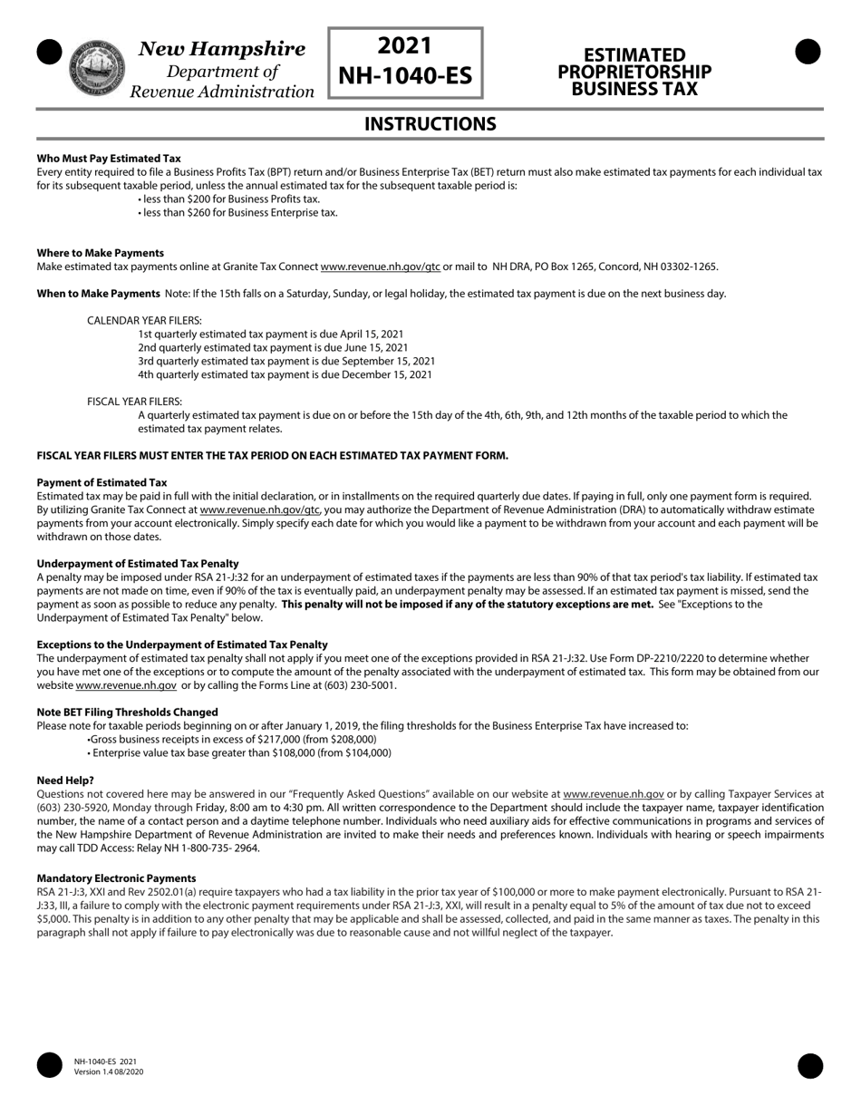 Form NH-1040-ES Proprietorship or Jointly Owned Property Business Profits Tax Estimates - New Hampshire, Page 6