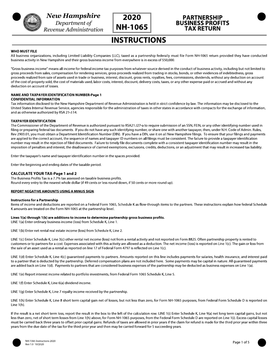 Instructions for Form NH-1065 Partnership Business Profits Tax Return - New Hampshire, Page 1