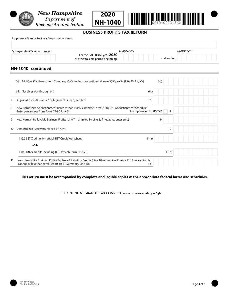 Form NH-1040 Proprietorship or Jointly Owned Property Business Profits Tax Return - New Hampshire, Page 3