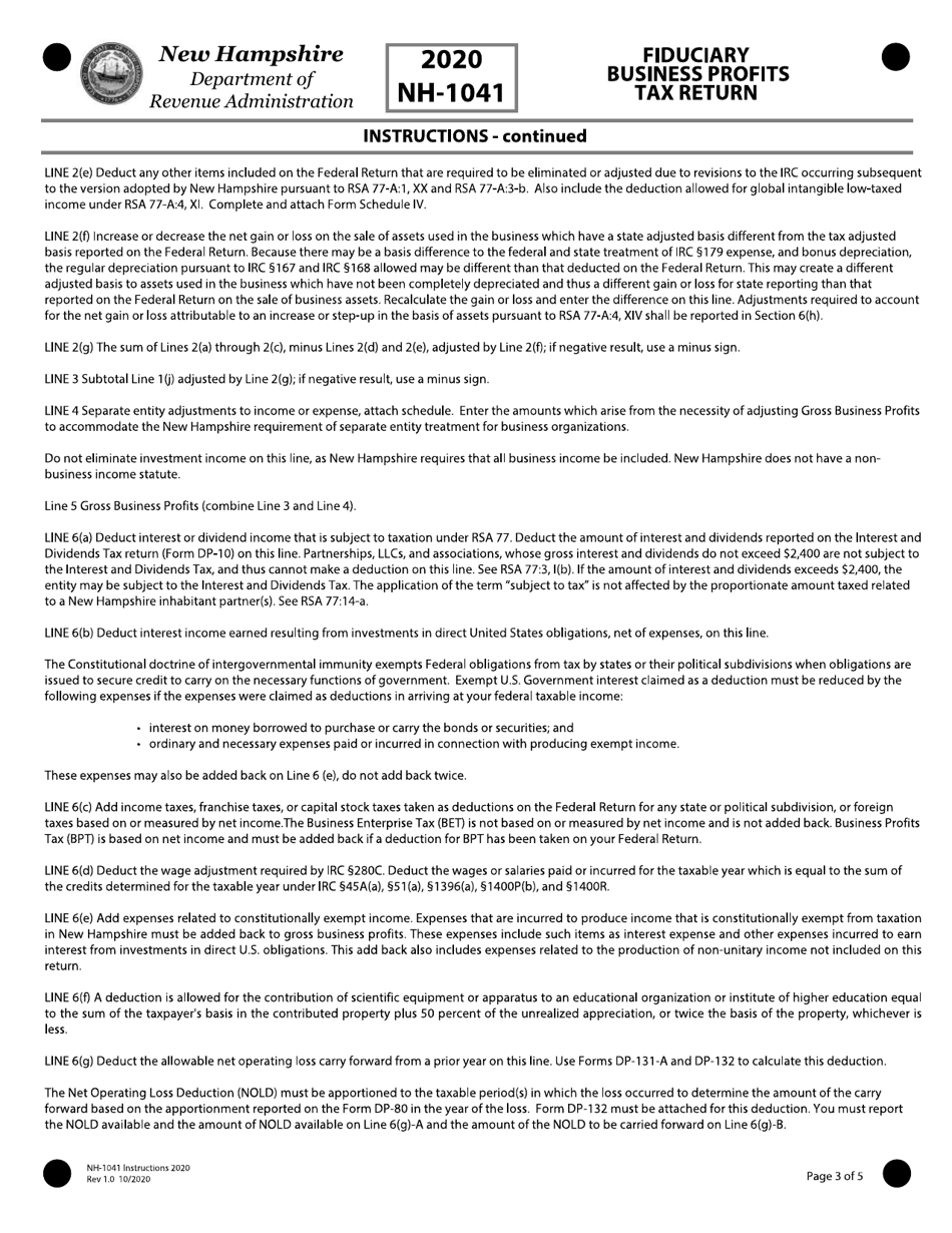 Instructions for Form NH-1041 Fiduciary Business Profits Tax Return - New Hampshire, Page 3