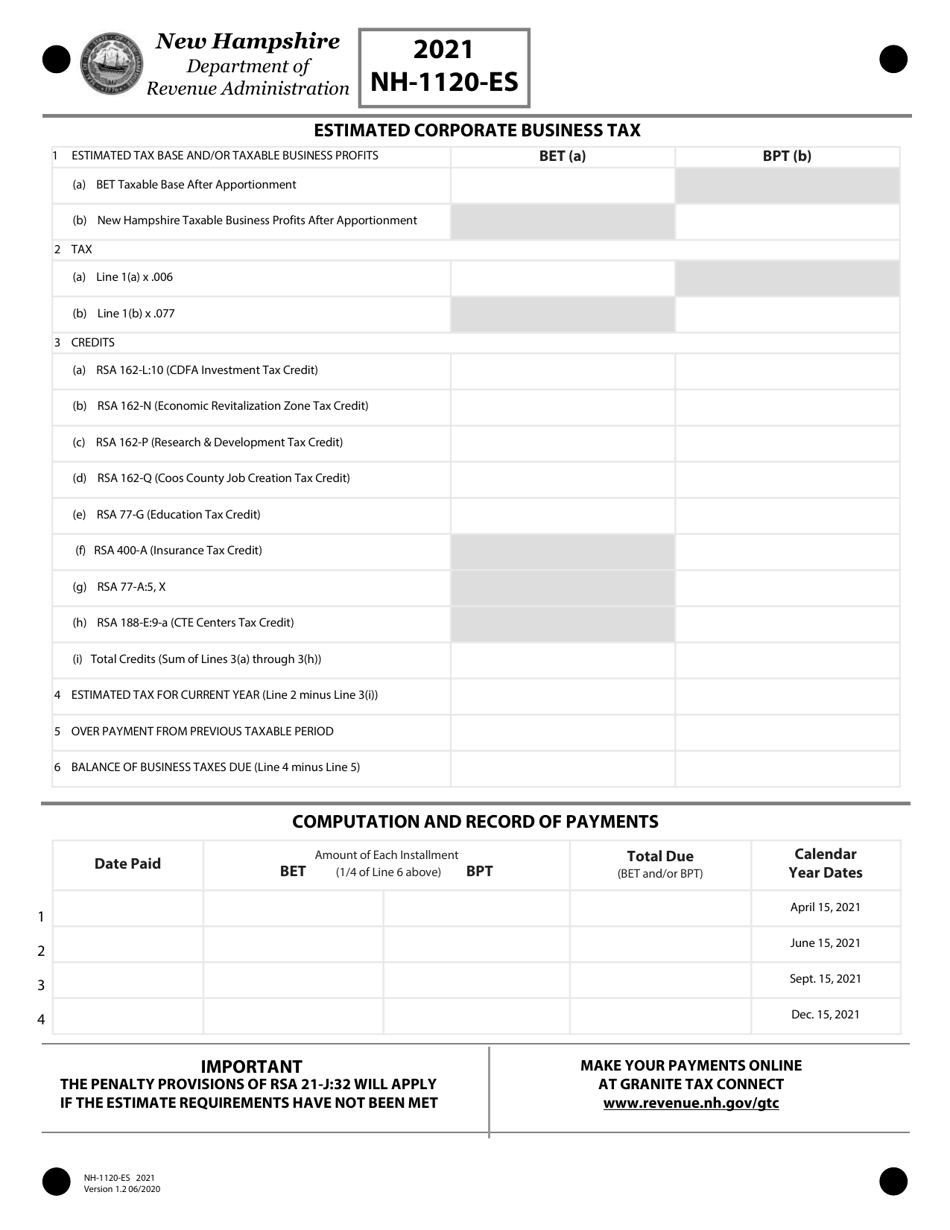 Form NH-1120-ES Estimated Corporate Business Tax - New Hampshire, Page 1