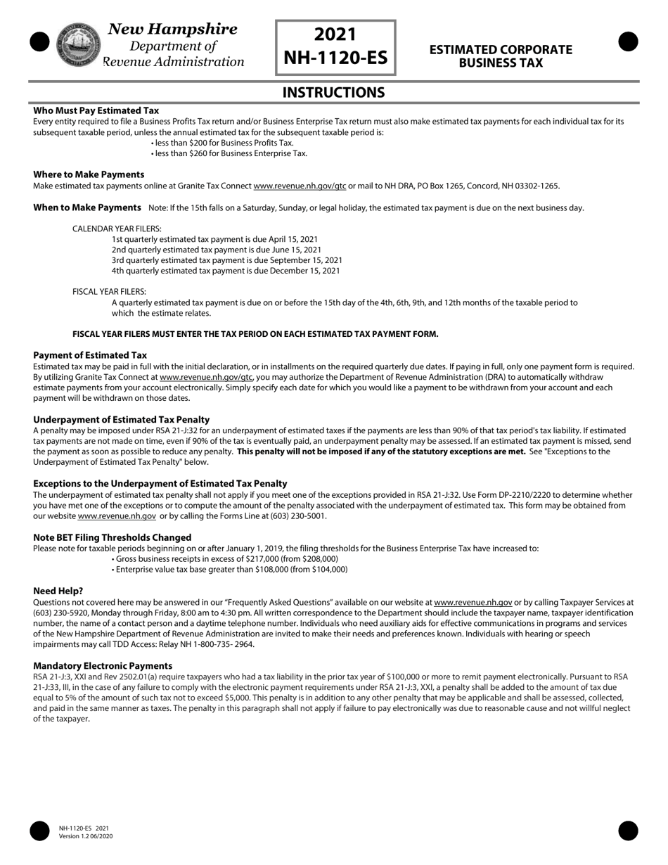 Form NH-1120-ES Estimated Corporate Business Tax - New Hampshire, Page 4